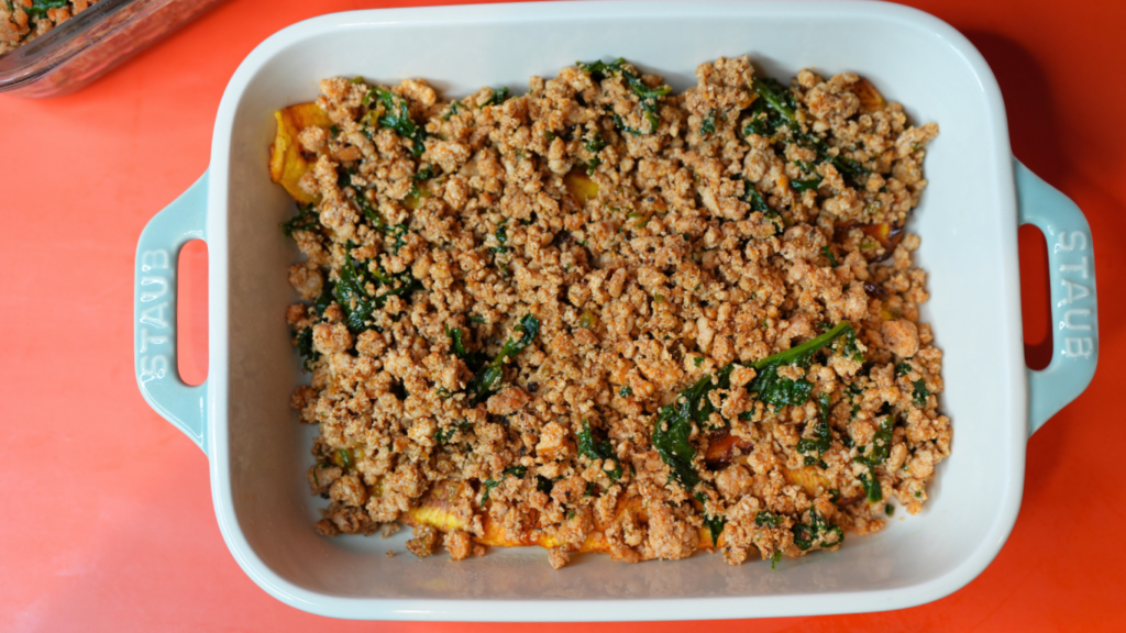 spinach ground chicken and plantain lasagna pastelón